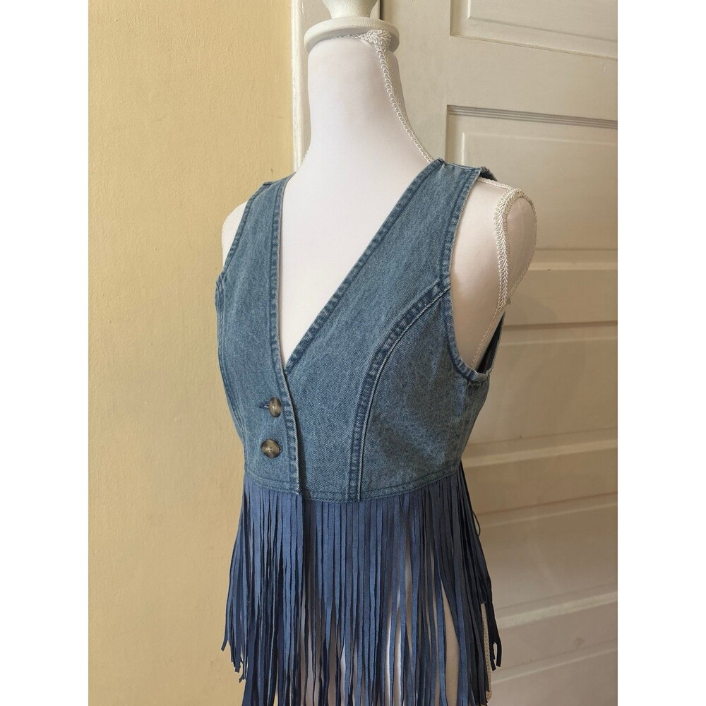 Denim fringe tank top vneck cowboy western Coachella festival hippie Boho blue - Picture 2 of 6